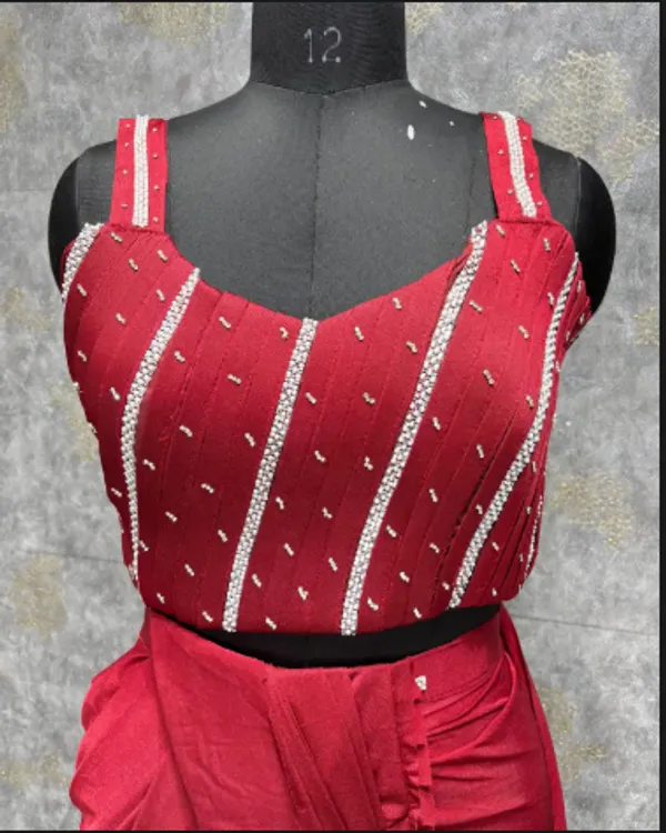 Red_Trendy_Unstitched_Blouse_With_Drape_Saree_For_Women