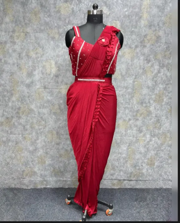 Red_Trendy_Unstitched_Blouse_With_Drape_Saree_For_Women
