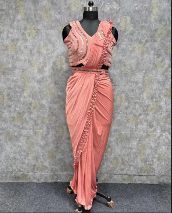 Peach_Trendy_Unstitched_Blouse_With_Drape_Saree_For_Women
