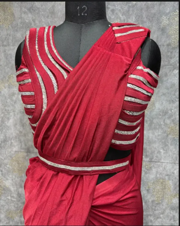 Red_Trendy_Unstitched_Blouse_With_Drape_Saree_For_Women
