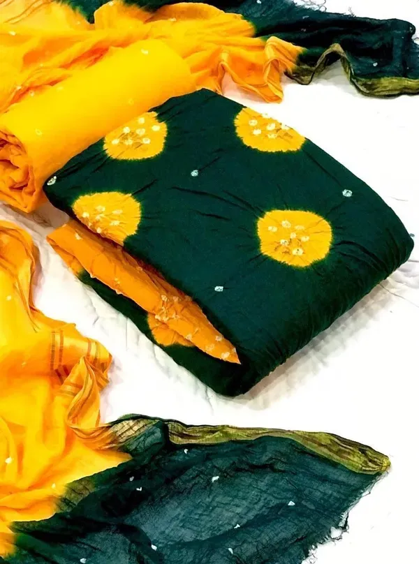 Unstitched_Green_&_Yellow_Pure_Cotton_Bandhni_Dress_Material_For_Women