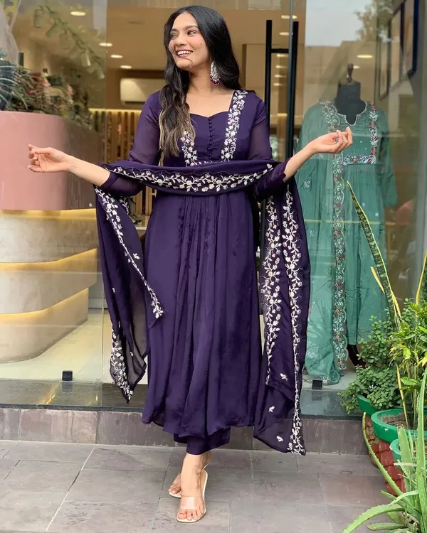 Dark_Purple_Pure_Cotton_3_pc_Kurti_Set_With_Embroidered_Neck_Yoke_Cotton_Pant