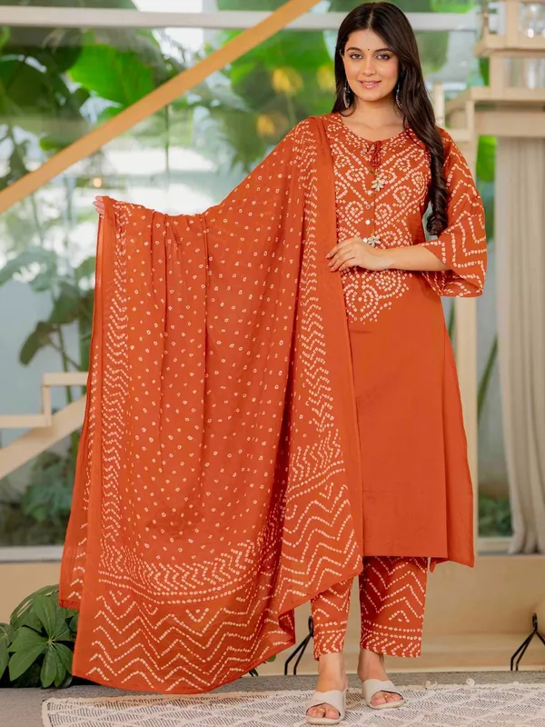 Orange_Bandhej_Cotton_kurta_set_for_women