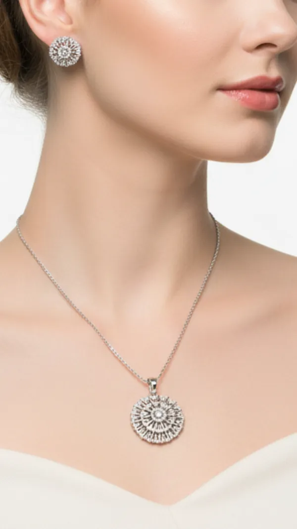 White_Round_Mist_AAA_Grade_American_Diamond_Pendant_And_Earring_Rhodium_Plating_Set_For_Women