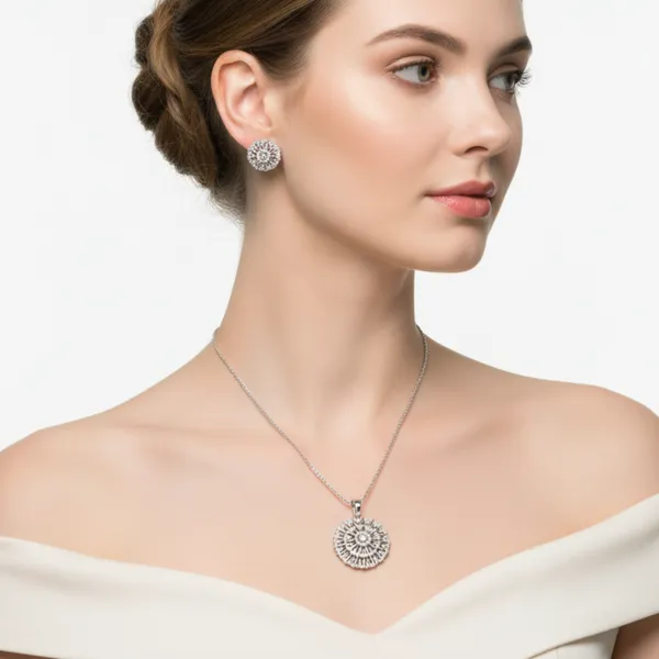 White_Round_Mist_AAA_Grade_American_Diamond_Pendant_And_Earring_Rhodium_Plating_Set_For_Women