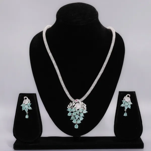 Teal_Green_Peacock_Paradise_American_Diamond_Pendant_&_Earring_Set__For_Women