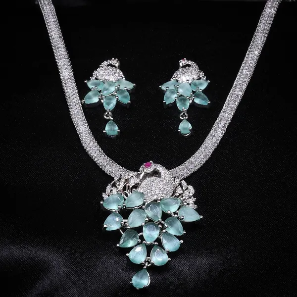 Teal_Green_Peacock_Paradise_American_Diamond_Pendant_&_Earring_Set__For_Women