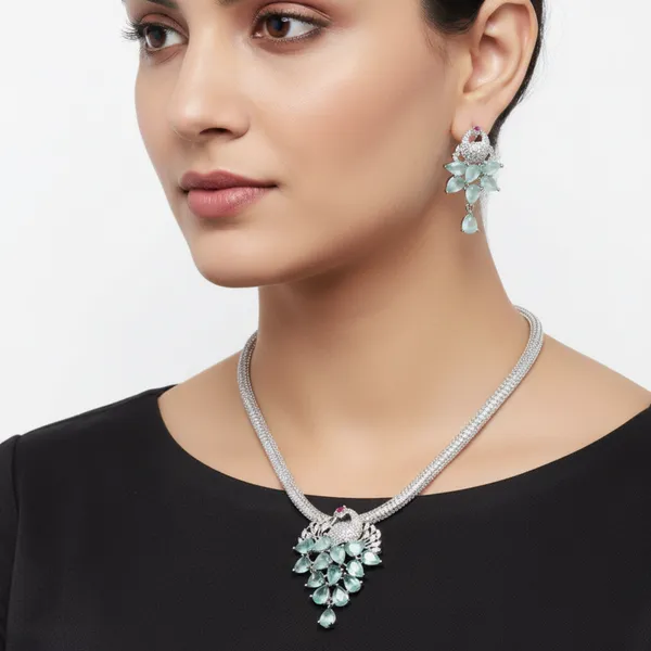 Teal_Green_Peacock_Paradise_American_Diamond_Pendant_&_Earring_Set__For_Women