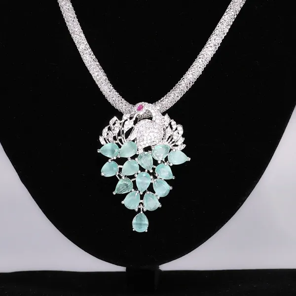 Teal_Green_Peacock_Paradise_American_Diamond_Pendant_&_Earring_Set__For_Women