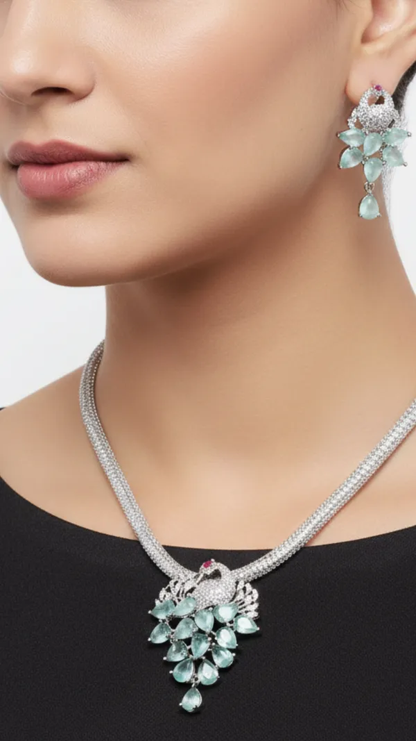Teal_Green_Peacock_Paradise_American_Diamond_Pendant_&_Earring_Set__For_Women
