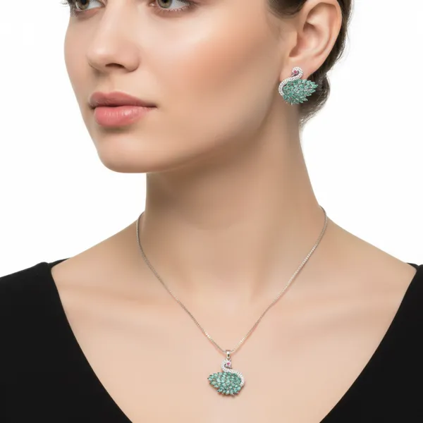 Teal_Green_Swan_Majesty_American_Diamond_Pendant_&_Earring_Set__For_Women