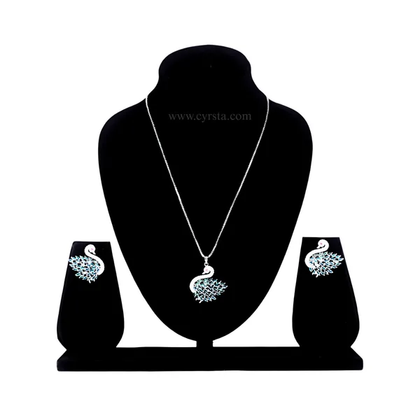Teal_Green_Swan_Majesty_American_Diamond_Pendant_&_Earring_Set__For_Women
