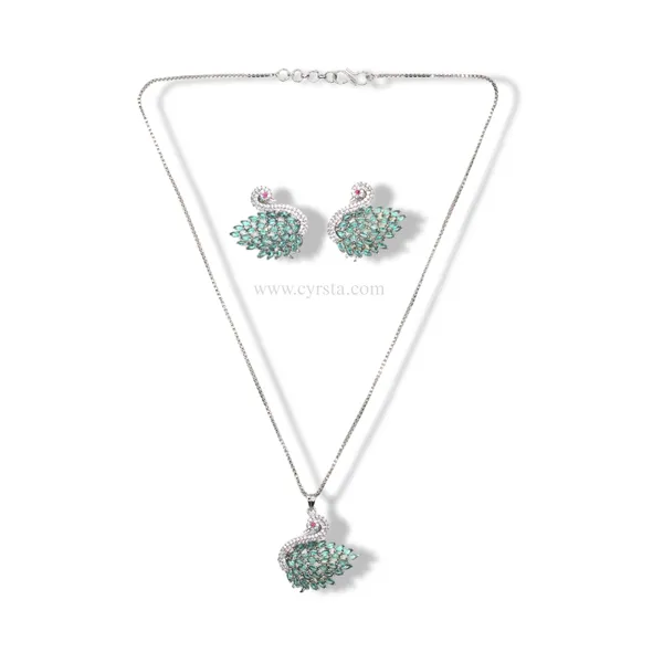 Teal_Green_Swan_Majesty_American_Diamond_Pendant_&_Earring_Set__For_Women