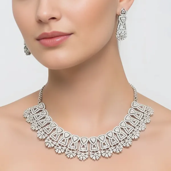 Silver_Vintage_Silver_Filigree_American_Diamond_Necklace_&_Earring_Set__For_Women