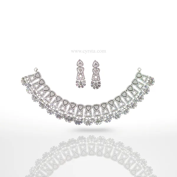 Silver_Vintage_Silver_Filigree_American_Diamond_Necklace_&_Earring_Set__For_Women