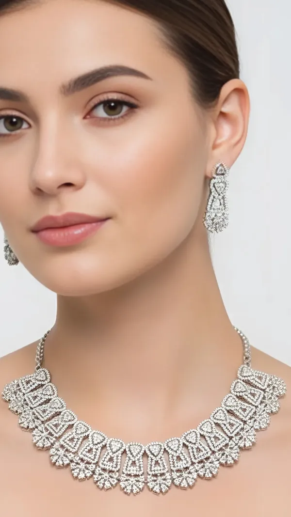Silver_Vintage_Silver_Filigree_American_Diamond_Necklace_&_Earring_Set__For_Women