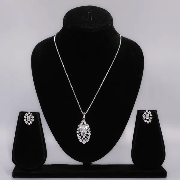 White_Miss_AAA_Grade_American_Diamond_Pendant_And_Earring_Rhodium_Plating_Set_For_Women