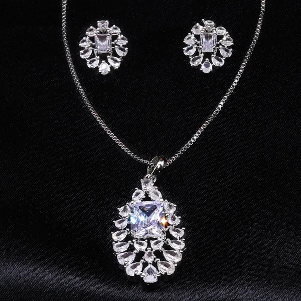 White_Miss_AAA_Grade_American_Diamond_Pendant_And_Earring_Rhodium_Plating_Set_For_Women