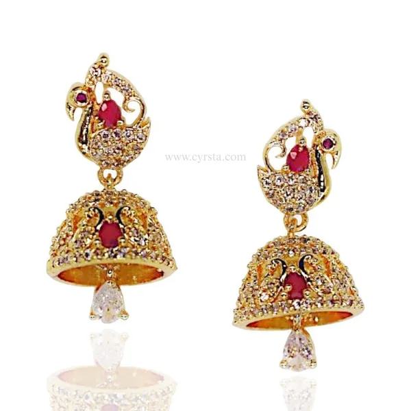 Gold_&_Red_Regal_Peacock_American_Diamond_Jhumka_Earrings__For_Women