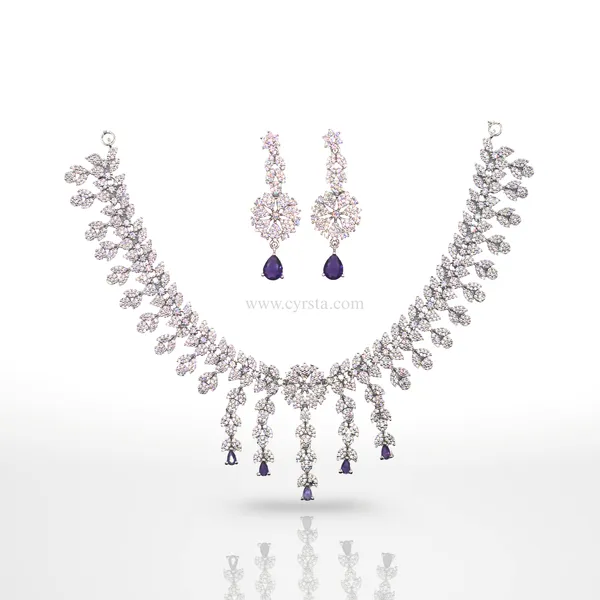 Silver_&_Purple_Delicate_Purple_American_Diamond_Necklace_&_Earring_Set__For_Women