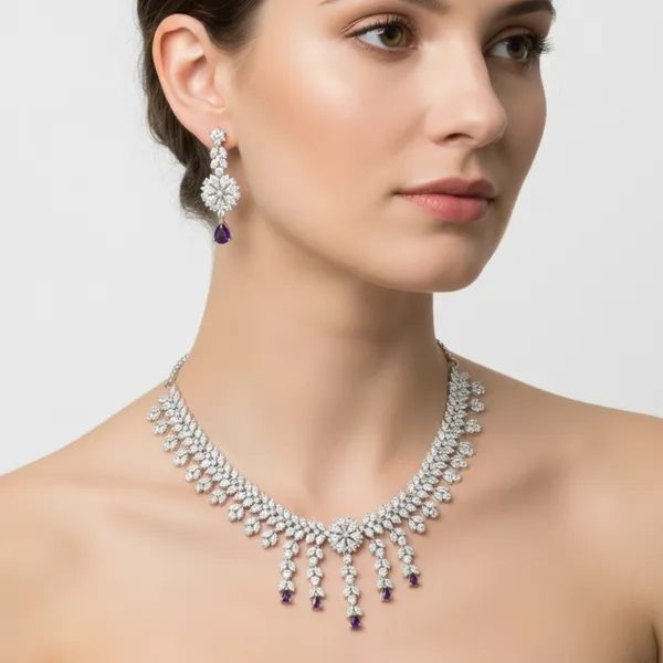 Silver_&_Purple_Delicate_Purple_American_Diamond_Necklace_&_Earring_Set__For_Women