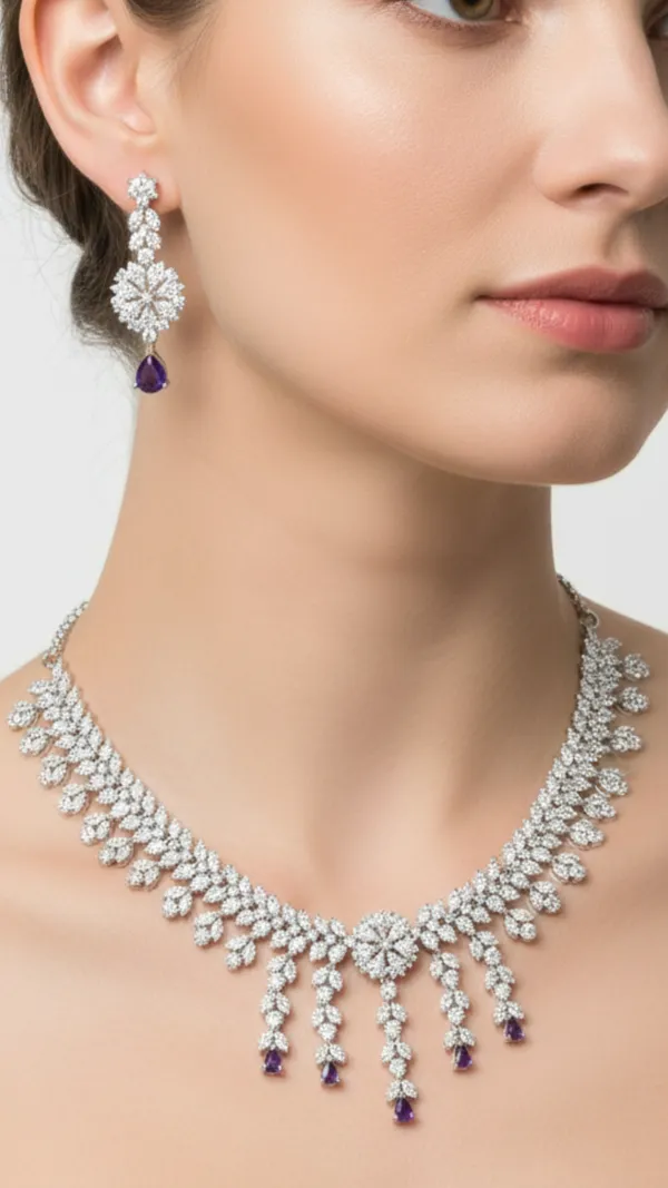 Silver_&_Purple_Delicate_Purple_American_Diamond_Necklace_&_Earring_Set__For_Women