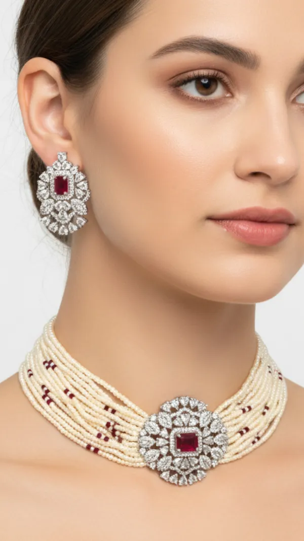 Off_White_&_Red_&_Silver_Elegant_Pearl_American_Diamond_Choker_&_Earring_Set_For_Women