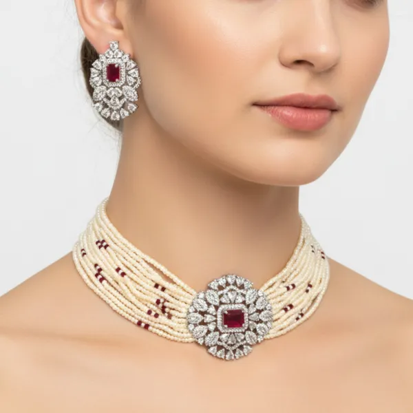 Off_White_&_Red_&_Silver_Elegant_Pearl_American_Diamond_Choker_&_Earring_Set_For_Women
