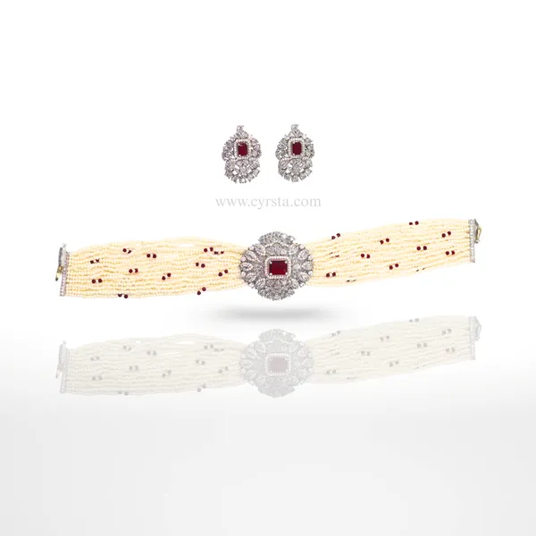 Off_White_&_Red_&_Silver_Elegant_Pearl_American_Diamond_Choker_&_Earring_Set_For_Women