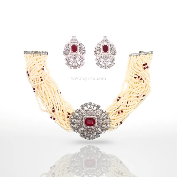 Off_White_&_Red_&_Silver_Elegant_Pearl_American_Diamond_Choker_&_Earring_Set_For_Women
