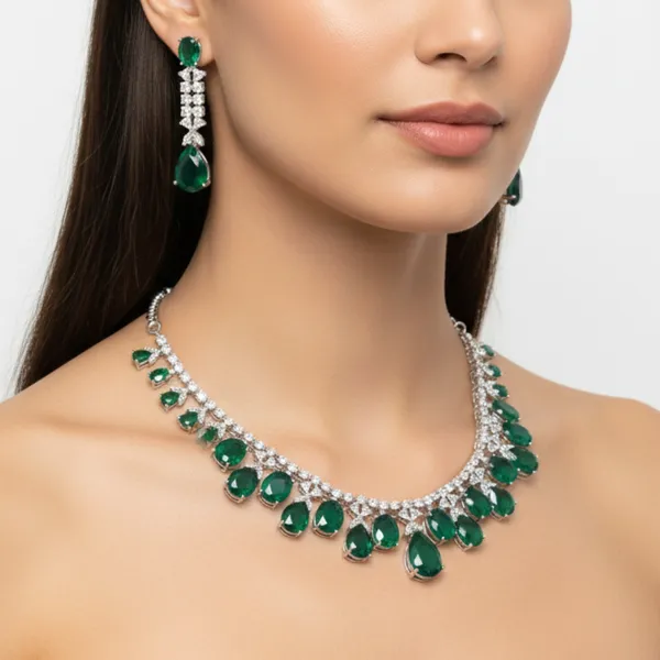Green_Emerald_American_Diamond_Necklace_&_Earring_Set__For_Women