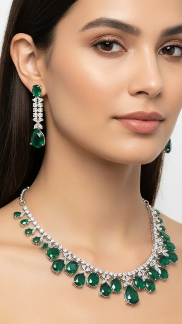 Green_Emerald_American_Diamond_Necklace_&_Earring_Set__For_Women