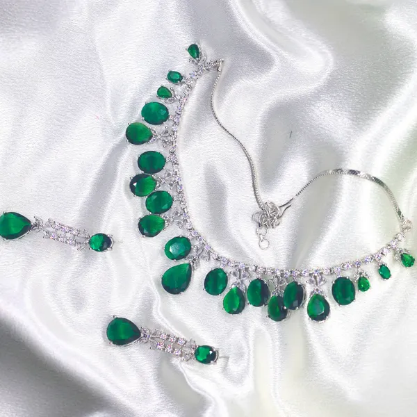 Green_Emerald_American_Diamond_Necklace_&_Earring_Set__For_Women