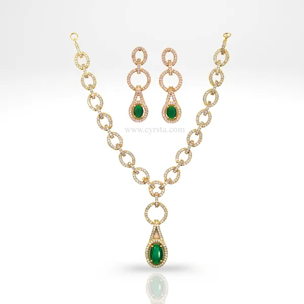Green_&_Gold_American_Diamond_Necklace_&_Earring_Set__For_Women
