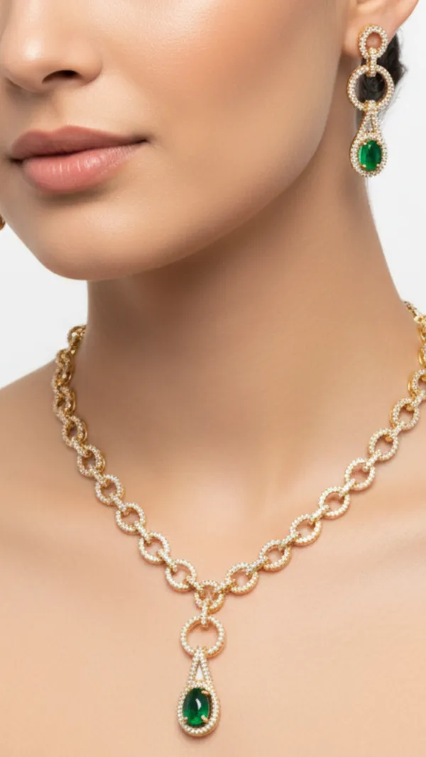 Green_&_Gold_American_Diamond_Necklace_&_Earring_Set__For_Women
