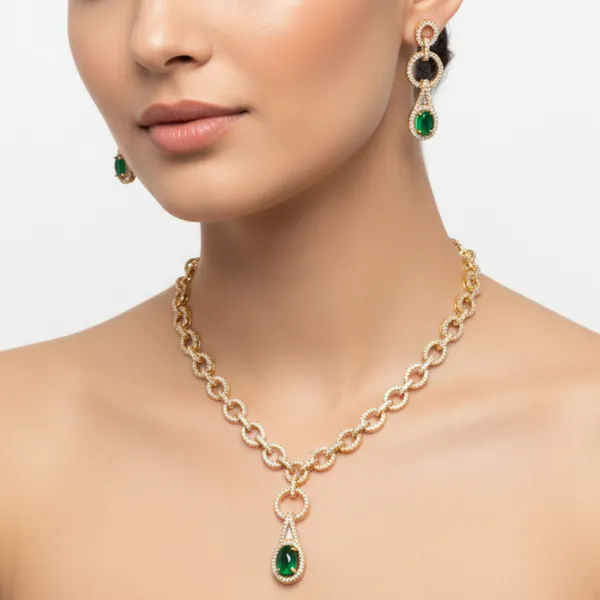 Green_&_Gold_American_Diamond_Necklace_&_Earring_Set__For_Women
