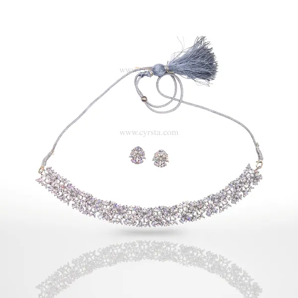 Silver_Royal_American_Diamond_Choker_&_Earring_Set_For_Women