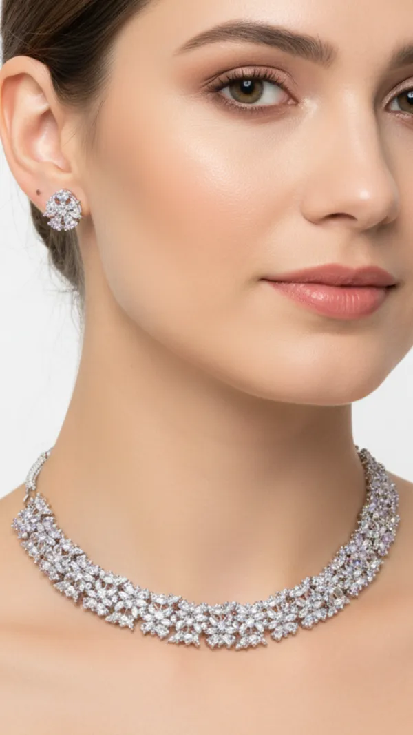 Silver_Royal_American_Diamond_Choker_&_Earring_Set_For_Women