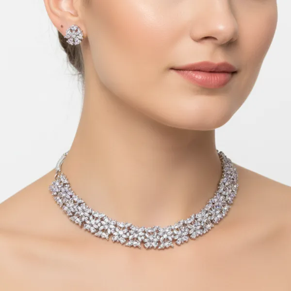 Silver_Royal_American_Diamond_Choker_&_Earring_Set_For_Women