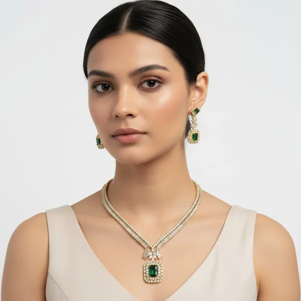 Golden_Emerald_Splendor_CZ_American_Diamond_Necklace_&_Earring_Set_For_Women