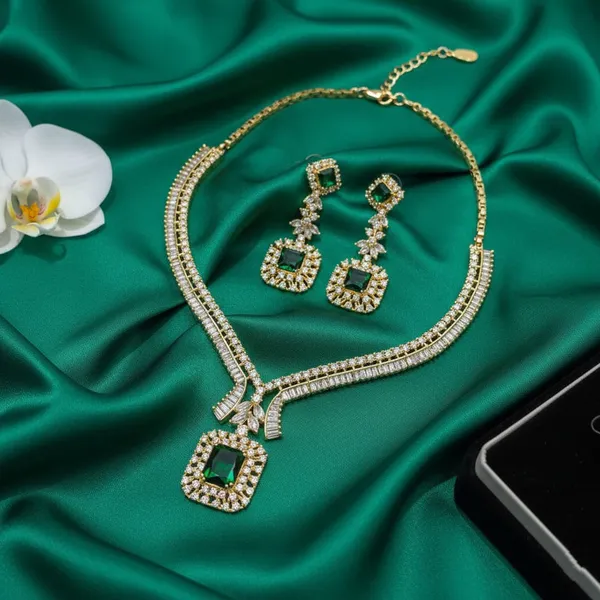 Golden_Emerald_Splendor_CZ_American_Diamond_Necklace_&_Earring_Set_For_Women