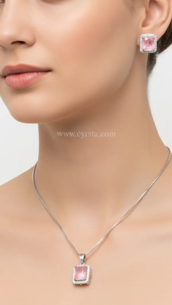 Silver_&_Pink_Silver_Rose_American_Diamond_Pendant_&_Earring_Set