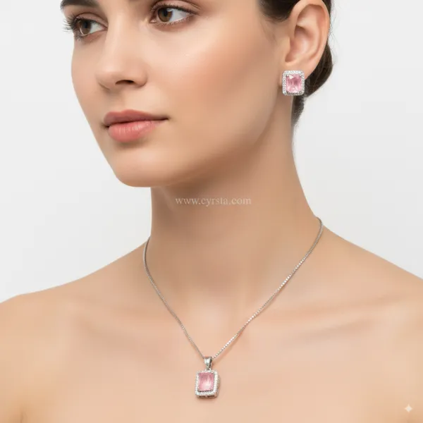 Silver_&_Pink_Silver_Rose_American_Diamond_Pendant_&_Earring_Set