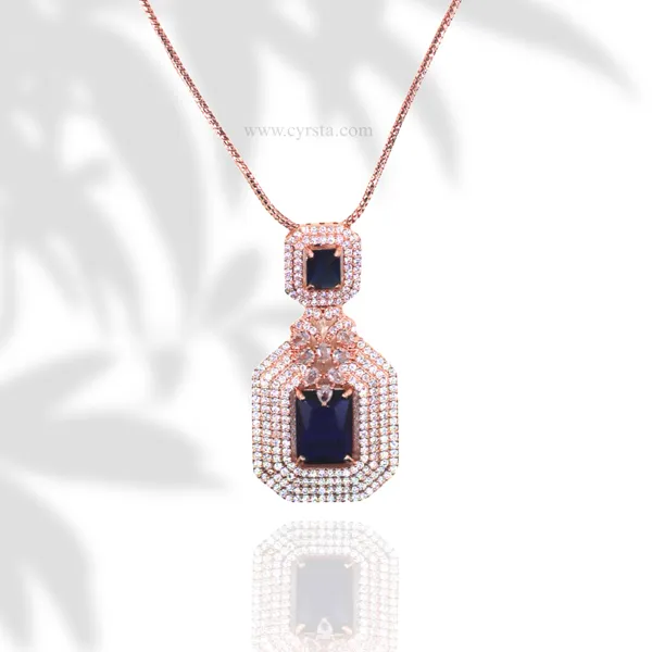 Rose_Gold_&_Blue_Elegant_Rose_Gold_American_Diamond_Pendant_&_Earring_Set_For_Women