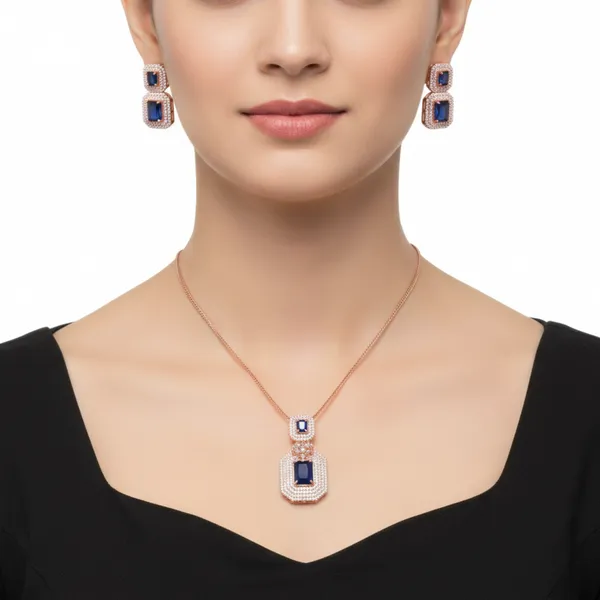 Rose_Gold_&_Blue_Elegant_Rose_Gold_American_Diamond_Pendant_&_Earring_Set_For_Women