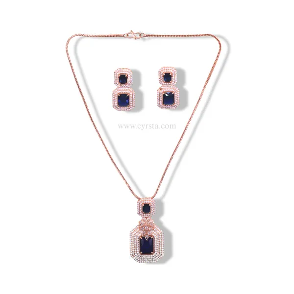 Rose_Gold_&_Blue_Elegant_Rose_Gold_American_Diamond_Pendant_&_Earring_Set_For_Women