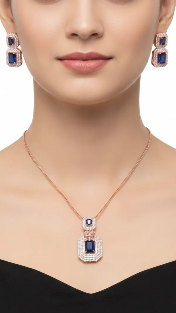 Rose_Gold_&_Blue_Elegant_Rose_Gold_American_Diamond_Pendant_&_Earring_Set_For_Women