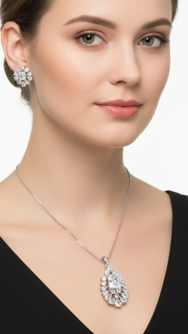 White_Miss_AAA_Grade_American_Diamond_Pendant_And_Earring_Rhodium_Plating_Set_For_Women