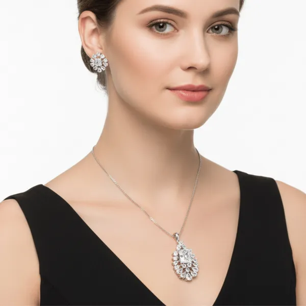 White_Miss_AAA_Grade_American_Diamond_Pendant_And_Earring_Rhodium_Plating_Set_For_Women