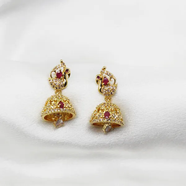 Gold_&_Red_Regal_Peacock_American_Diamond_Jhumka_Earrings__For_Women